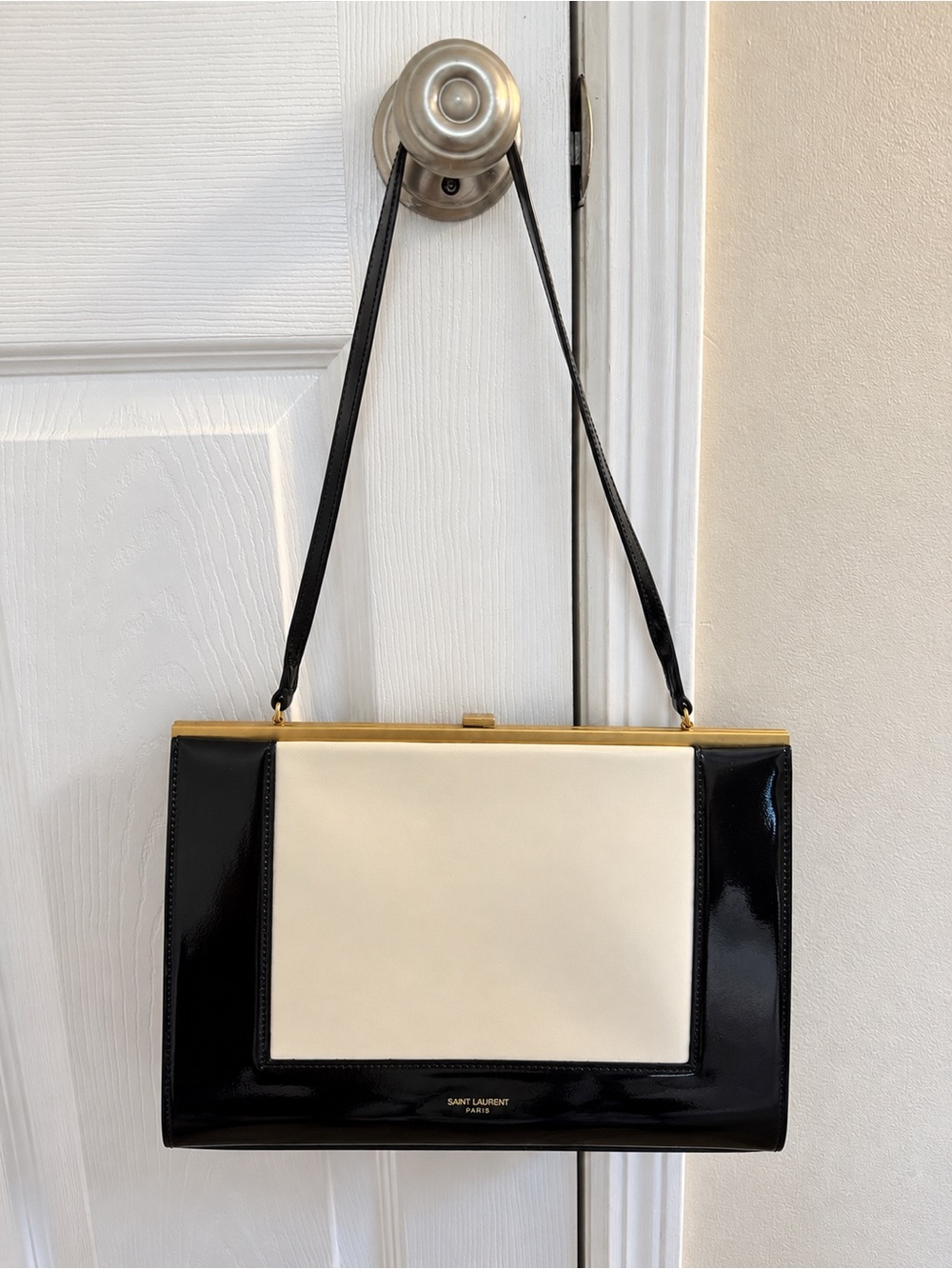 Saint Laurent Black and Cream Patent Shoulder Bag with Gold Frame